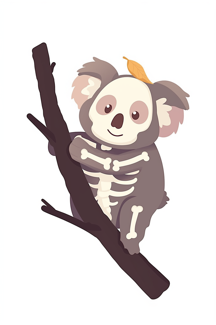 halloween cute animals drawings 2: A whimsical illustration of a skeleton koala perched playfully on a dark branch, adorned with a single yellow leaf.